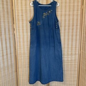 Classic Elements Womens L Denim Jumper Dress Embroidered Flowers Cottagecore